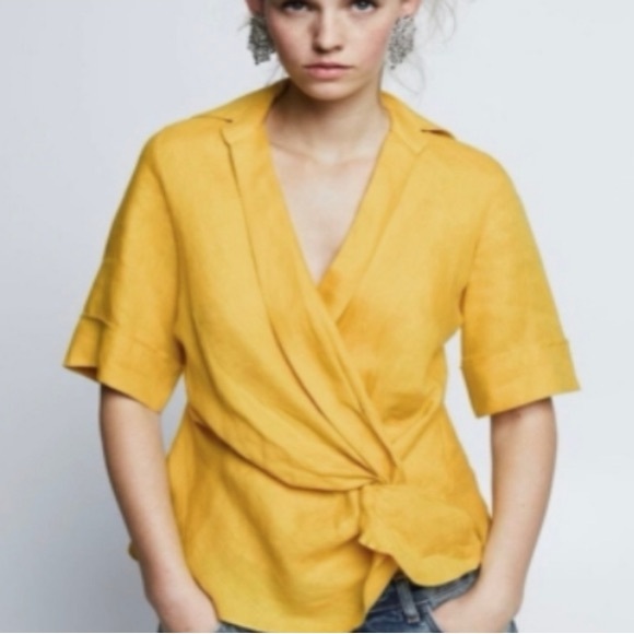 Zara Tops - Zara Linen Top Women’s Size S  Bright Sunshine Yellow Draped Boho shirt